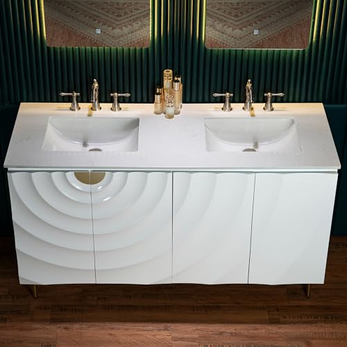 Woodbridge 60"x22" Bathroom Vanity with Double Ceramic Undermount Sinks, White Engineered Stone Top,3D Wave Pattern Cabinet Doors, Sleek Thin Legs,Glossy White Finish for a Clean, Modern Look by WOODBRIDGE - Image 5