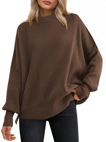Image of ANRABESS Women Oversized Sweaters Batwing Long Sleeve 2026 Fall Outfits Crewneck Casual Knit Side Slit Fashion Pullover Top