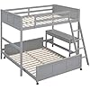 Bellemave Bunk Bed Full Over Full, Wood Bunk Beds with Desk, Full Over Full Bunk Bed with 2 Drawers, Loft Bed with Desk for Kids Adults, Gray