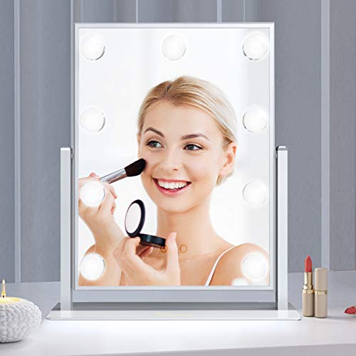 Ovonni Hollywood Espejo Maquillaje con Luz, Espejo de Mesa con 9 LED Luces, Espejo Cosmético Grande, 360 ° Giratorio, 2 Color y 3 Modos, Control Táctil, USB Recargable, Plata