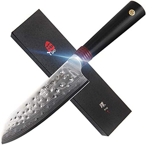 TUO Santoku Knife, 5.5” Japanese High Carbon Damascus Stainless Steel Blade, Dishwasher Safe, Black Fiberglass Handle, Asian Kitchen Knife For Home And Restaurant, Includes Gift Box
