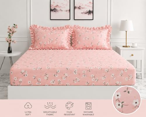 Image of Bluestrip Premium Polycotton Fitted Bedsheet for Double Bed with 2 Frill Pillow Covers | Floral Pink Printed Bed Sheet | All Around Elastic Deep Pocket | Soft | 72 x 78 Inches