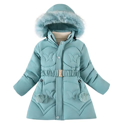 Winter Coats for Girls Windproof Faux Fur Hooded Butterfly Pattern Jackets with Belt Winter Warm Thick Down Jacket