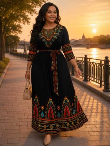 Image of Plus Size Maxi Dress for Women V Neck 3 /4 Sleeve Wrap Dress