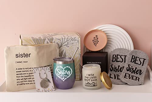 Unnesalt 6 Pieces Funny Sisters Birthday Gifts From Sister - Unique Christmas Gift Basket For Sisters - Wine Tumbler, Candle, Keychain, Jewelry Dish, Socks, Makeup Bag #TOP1