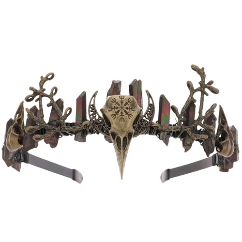 CoTeeZa Black Crystal Crow Skull Crown - Bronze Gothic Headband with Dark Quartz with Moon Branch Witch Queen Headpiece for Women Renaissance Halloween Cosplay Prom Quinceaera Headdress