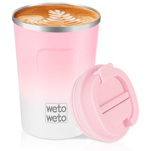 Image of WETOWETO 12 oz Stainless Steel Insulated Tumbler, Travel Coffee Mug, Insulated Coffee Mug with Lid, Spill Proof Coffee Cup, Portable Thermal Mug, Reusable Cup for Hot and Cold (Pink-White)
