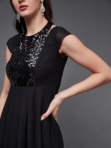 Image of Miss Chase Women's Round Neck Sleeve Embellished Fit Flare Maxi Dress