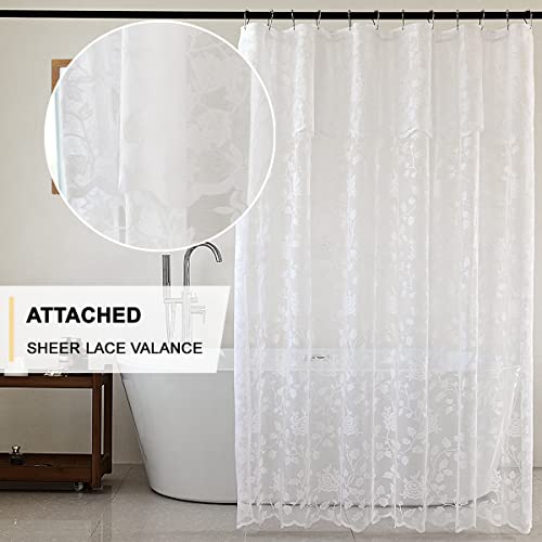 Terlytex White Lace Shower Curtain With Attached Valance, Rustic Vine Floral Embroidered Scalloped Lace Sheer Shower Curtain 72 Inch Length For Farmhouse Bathroom, 72 X 72 Inch, 1 Panel, White #TOP1