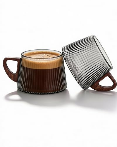 Holzwurm Kaffeetassen Set - 2er Set Kaffeetasse Groß aus Borosilikat Glas mit Holzhenkel 230 ml pro Kaffeetasse - Kaffe Tassen Modern Set für stilvollen Genuss