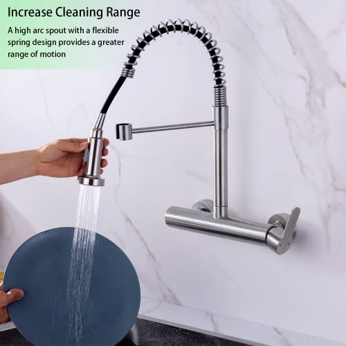 Flwueue Wall Mount Faucet 8 Inches Center, With Pull Down Sprayer, High Arc Single Handle Spring Kitchen Sink Faucet, Grifos De Cocina, Brushed Nickel #TOP1