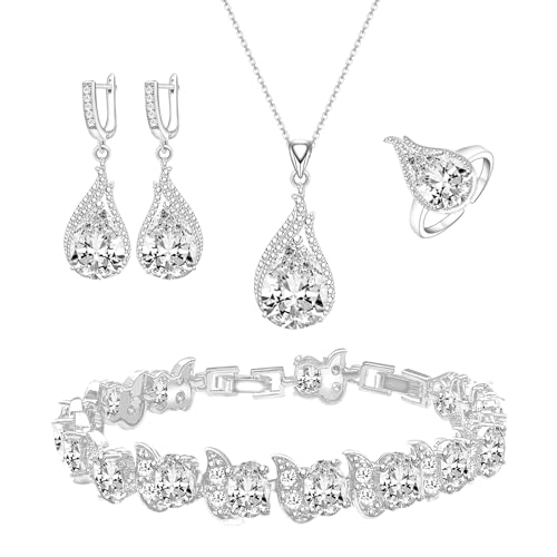 GZWHD Jewelry Set for Bride Bridesmaid Wedding Women Clear Crystal Teardrop Earrings Necklace Ring Bracelet Set