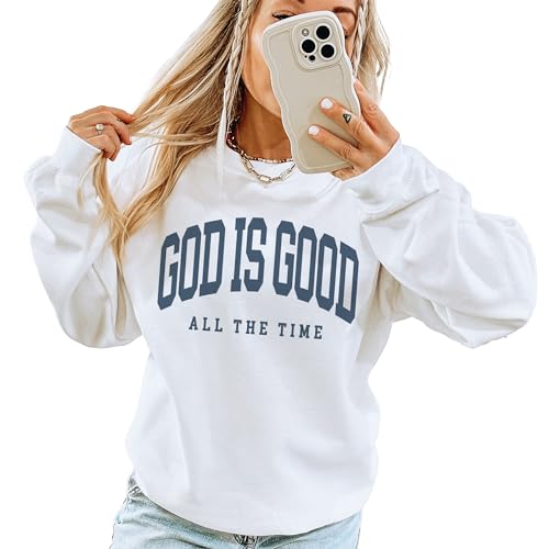 Aurlex Tees God Is Good Varsity Sweatshirt, Christian Faith Sweater, Cute Religious Gift, Trendy Christian Jesus Clothing, Bible Verse Shirt, Unisex Crewneck Sweatshirt White