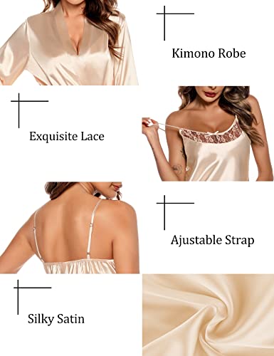 Swomog Women Satin Robes Set Silk Pajama Sets 2Piece Lace Cami Nightgown With Robes Sleepwear Bridesmiad Wedding Kimonos Champange Large thumb #4
