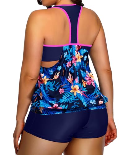 Image of Womens Plus Size Tankini Swimsuit Two Piece Tummy Control Bathing Suit | Blouson Racerback Tankini Top with Shorts, Double Up Design, Removable Pad