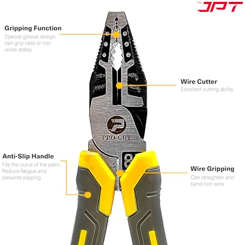 Image of JPT Pro cut Heavy Duty 8-Inch High-Leverage Side Cutting Pliers for Twisting, Clamping Screws, and Cutting Soft Metals like Copper and Aluminum