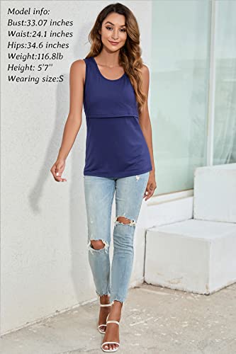 Women's 3 Pcs Nursing Tops Rayon Round Neck Double Layered Summer Tank Shirt, Blue/Striped/Grey, L #TOP2