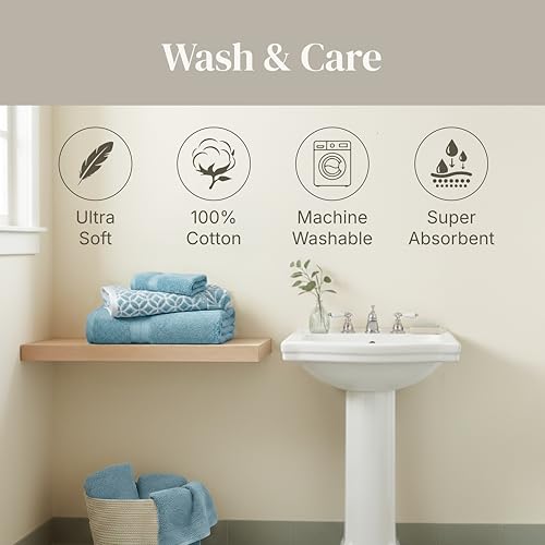Image of Modern Threads 6 Piece Bath Towel Set - Bathroom Set with 2 Bath Towels, 2 Hand Towels, and 2 Wash Cloths - 100% Cotton, Super Absorbent & Extra Soft - Reversible Botanical Vine (Blue)