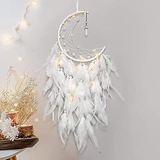 Dremisland Moon Dream Catcher with Fairy Lights Handmade White Turquoise Pendant Wall Hanging Ornament for Home Bedroom Wall Decoration Craft Gift (White)