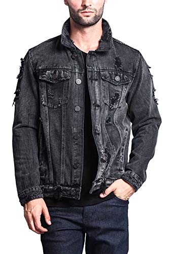 VICTORIOUS Men's Casual Distressed Denim Jean Jacket DK100 - Black - X-Large - II7C