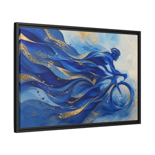 Tableau cycliste bleu et or 75x50 cm sur toile imprimée avec cadre noir encadré pour salon