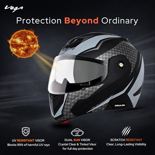 Image of Crux Dual Visor Full Face Helmet with Checks Design Scratch-Resistant Visor-Dull Black Silver,M