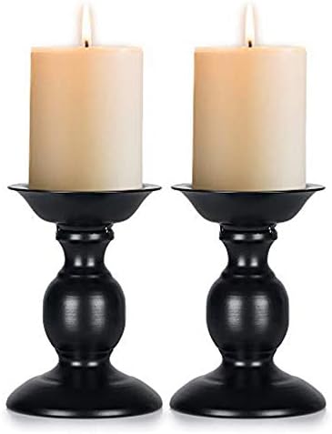 Nuptio Black 2 Pcs Iron Pillar Candle Holders, Ideal for 80mm Pillar Candles or Flameless Led Candles, Halloween Christmas Candle Holder Decorations, Gifts for Wedding Party Home Spa Reiki(2 x S)