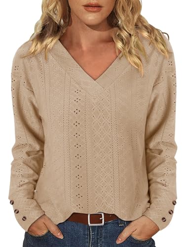 KISSMODA Long Sleeve Fall Shirts For Women V Neck Tunic Tops Embroidered Button Down Knitted Blouses 2025