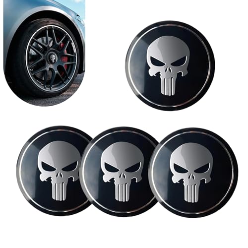 Opuweiy 4 PCS Skull Car Wheel Hub Center Cap Sticker, Metal Scratchproof Skull Pattern Decorative Sticker, Waterproof Anti-fading Protective cover, Universal for Most Cars Trucks SUV (Black)