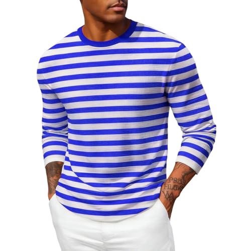 Camiseta para carnaval para hombre, color rojo y blanco, a rayas anchas, camiseta de manga larga, sudadera larga, camiseta de rayas, disfraces de faschingskostüme, D09 Sky Blue, L