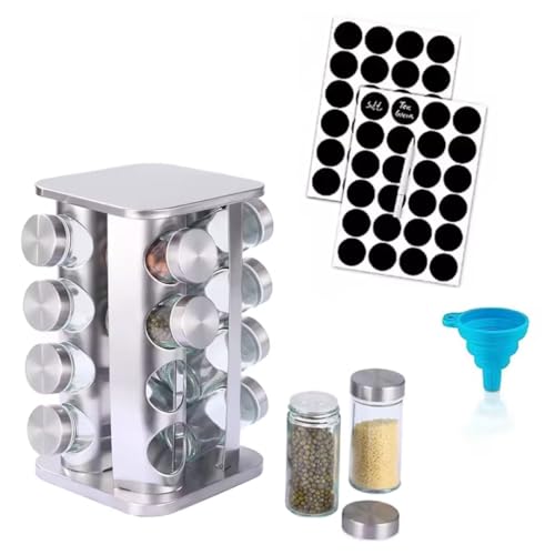 Estante giratorio de 360°, organizador de condimentos para 16 tarros con etiquetas borrables y embudo, carrusel cuadrado para cocina (16 niveles)