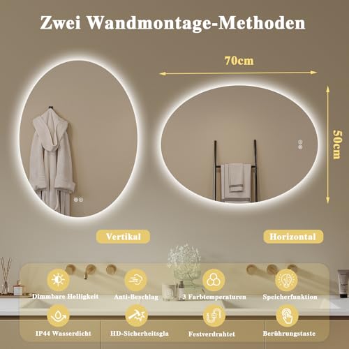 Archaluxe Badspiegel-mit-Beleuchtung LED Badezimmer Spiegel Oval 50x70cm – Ansicht 4