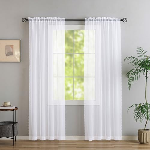 Image of MYSTIC-HOME White Sheer Curtains 96 Inch Length, Elegant Sheer Curtains for Bedroom, Rod Pocket Window Voile Sheer Curtain Panels /Drapes /Treatment for Living Room /Bedroom, 2Pcs, Each 40 inch W x 96 inch L