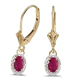 FB Jewels Solid 14k Yellow Gold Dangle Genuine Red Birthstone Oval Ruby And Diamond Leverback Earrin