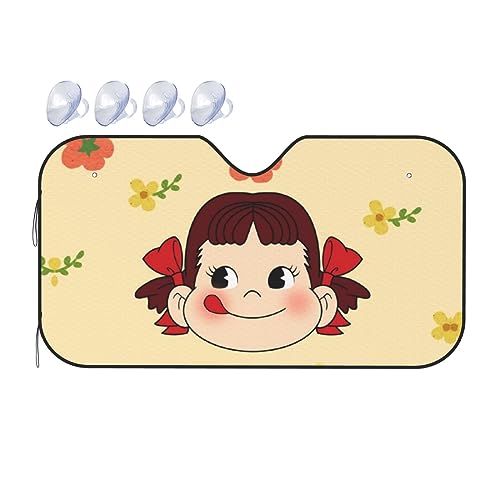 ペコちゃん 車用サンシェード おしゃれ フロントシェード かわいい サンシェード 日除け フロントガラス 軽自動車 折りたたみ 車用品 展開寸法130x70 cm 吸盤2個付 遮光 断熱 日よけ 人気 キャラクター グッズ