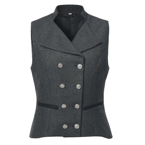 CAMDOM Women 50s Vintage Suit Vest Work Tweed Slim Fit Waistcoat V Neck Double Breasted Sleeveless Blazer Jacket with Pockets2