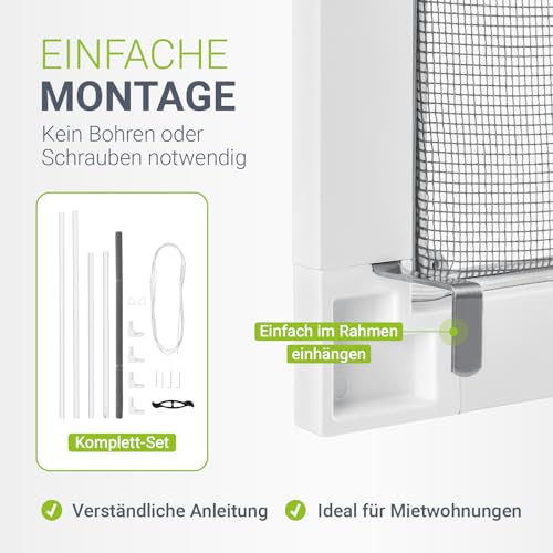 Juskys Fliegengitter Fenster 100x120 cm – Insektenschutz mit Alu Rahmen zum Einhängen, Montage ohne Bohren, Mücken- & Fliegenschutzgitter – Weiß