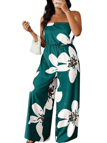 OYOANGLE Women's Plus Size Floral Print Off Shoulder Jumpsuit Strapless Overall Wide Leg Pants Multicolor 3X-Large Plus