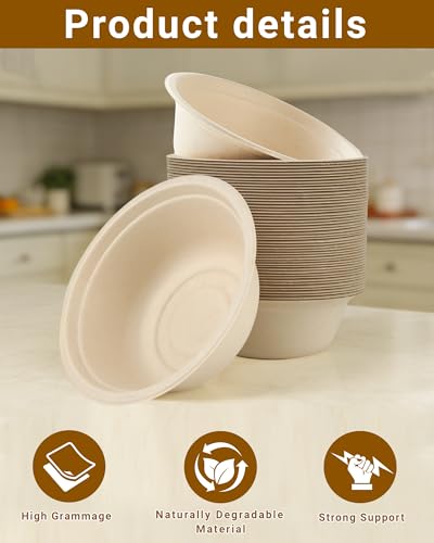 50 Stück 500ml Suppenschalen einweg – Biologisch abbaubare & kompostierbare Schalen, ideale Suppenschalen für Picknick, nachhaltige Pappteller tief für warme und kalte Speisen