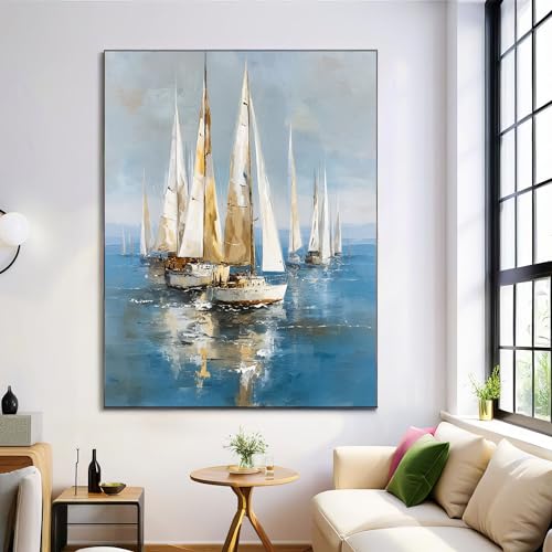 Voilier de mer peinture toile paysage marin deco salon tableau art moderne bleu 70x100 cm sans cadre