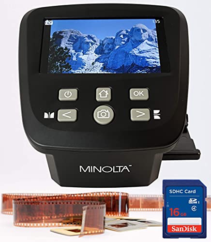 MINOLTA Film & Slide Scanner, Large 5 Screen, Convert Color & B&W 35mm, 126, 110 Negative & Slides, Super 8 Films to High Res 22MP JPEG Digital Photos, 16GB SD Card, Worldwide AC Adapter (Black)