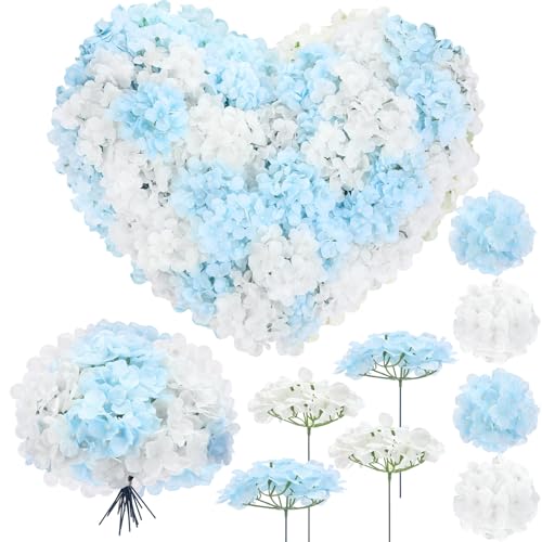 Zeyune 100 flores artificiales de hortensias, cabezas de flores de seda con tallos, ramo de hortensias falsas para arco de boda, centro de mesa, decoración floral del hogar (blanco y azul)