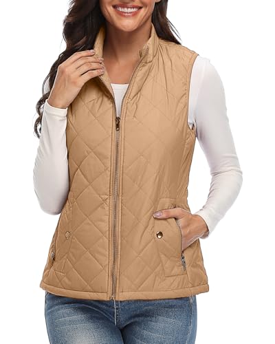 Xeoxarel Women's Quilted Vest with 4 Pockets, Puffer Padded Gilet Camel XXL