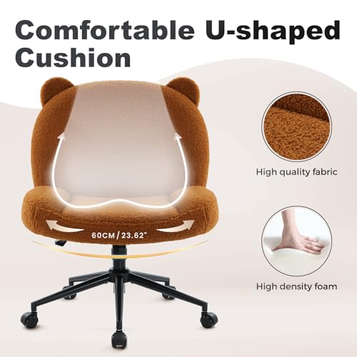 Armless Office Desk Chair with Wheels,Ergonomic Criss Cross Legged Computer Chair with Fabric Padded, Height Adjustable Wide Seat Vanity Chair,Mid Back Task Chair for Home, Bedroom (Brown)