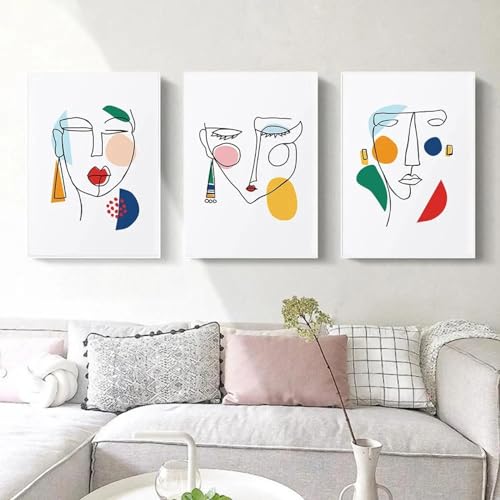 Affiches de visage abstrait pour salon moderne lot de 3 peintures sur toile 50x70 cm KEBIA