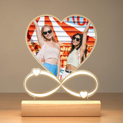 Image of SNAPTRAP Personalized Heart Infinity LED Photo Lamp with Wooden Base | Warm White Light | Customized Photo with Name Gift for Couples, Wife, Husband | Anniversary, Wedding & Valentine Gift
