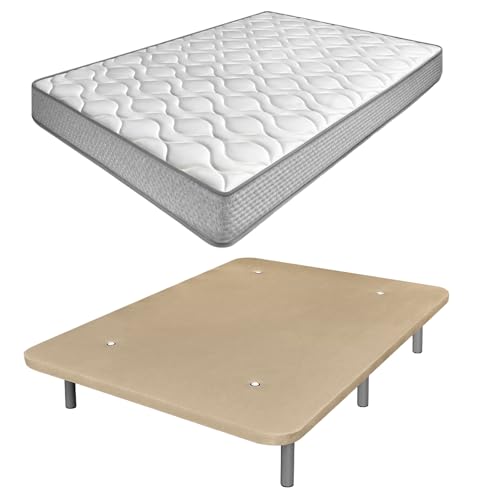 amuéblate Online - Cama Completa con Colchón Carla Reversible + Base Tapizada Extra Resistente con 6 Patas Cilíndricas Metálicas Roscadas, 90 x 190, Beige
