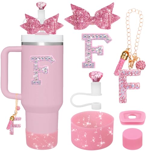Mity rain 7PCS Pink Cup Accessories Set for Stanley Cup, Initials Decorations for Stanley 30oz 40oz Tumblers(F)