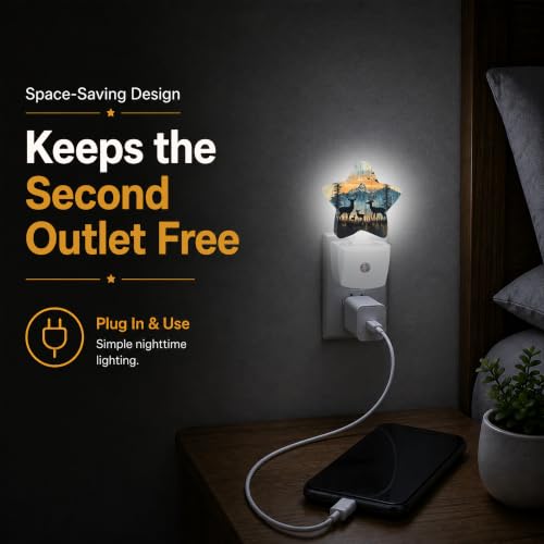 Image of Rustic Woodland Deer Plug in Star Night Light, Night Light with Sensor for Kids Nursery Bedroom, Decorative Soft Glow Lamp for Hallway Bathroom, Energy Saving