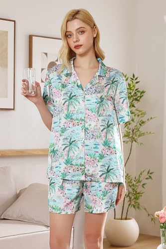 Image of YiNi LuLu Womens Silk Satin Shorts Pajamas Set Button Down 2 Piece Pjs Short Sleeve Oversized Sleepwear with Pockets